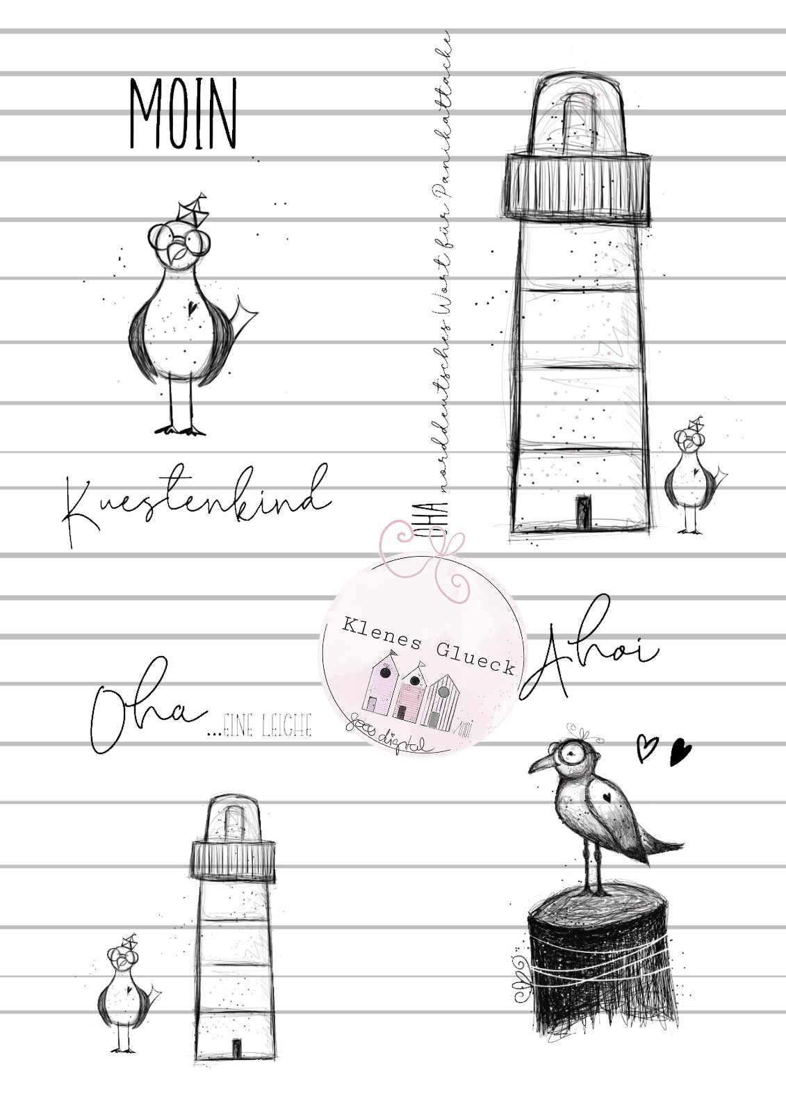 Kuestenset Moewen, Leuchturm, Moewe mit Brille, Lasern, sublimieren, Print and cut, PNG, JPG, Ahoi für Küstenliebende