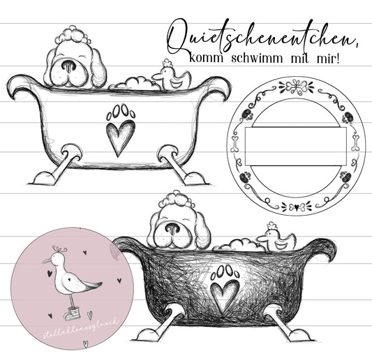 Hundedatei, großer badender Hund, Bernhadiner, Dog, süßer Hund mit Quietscheente,Laserdatei, PNG, JPG, sublimieren, print and cut, lasern
