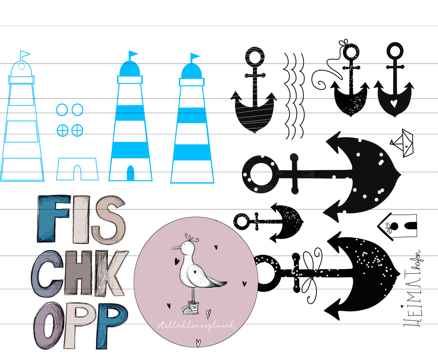 Maritimes Set an Dateien, Anker, Leuchtturm, Schriftzug "Fischkopp", png, svg, Meeres-Datei,Heimathafen, Laserdatei, Sublimationsdatei