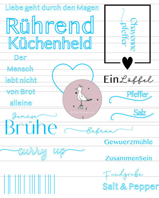 Küchenzauber-datei, Küche, Ei, Gewürze, Sprüche, Set mit digitalen Dateien für allerlei Schönes ums Essen und kochen, verschiedene Dateien im SVG Format, zum Lasern und plotten