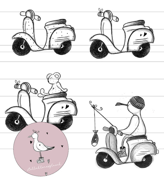 Rollermöwe, Vesparoller mit Möwe, Roller, Teddy auf Roller, Möwe und süße Sprüche, großes Set, Laserdatei, Png, Digistamp und mehr