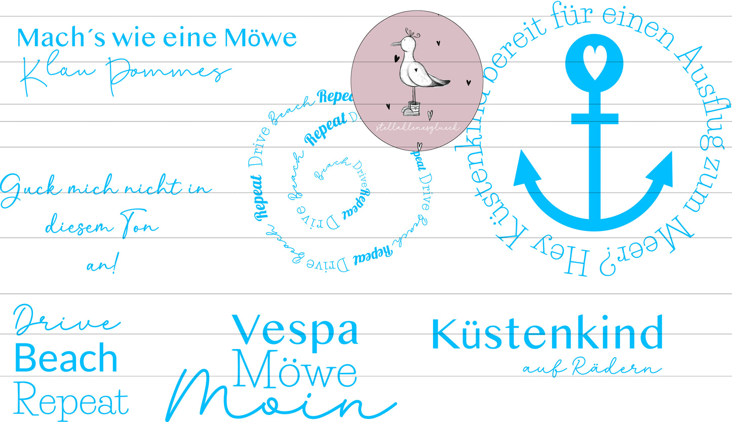 Rollermöwe, Vesparoller mit Möwe, Roller, Teddy auf Roller, Möwe und süße Sprüche, großes Set, Laserdatei, Png, Digistamp und mehr
