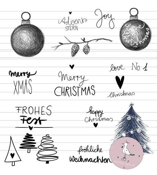 Weihnachtsset, Weihnachtsdatei mit Tannenbaum, Schriftzügen, Zweig und Weihnachtskugeln um Weihnachten zu verschönern, lasern, drucken und sublimieren