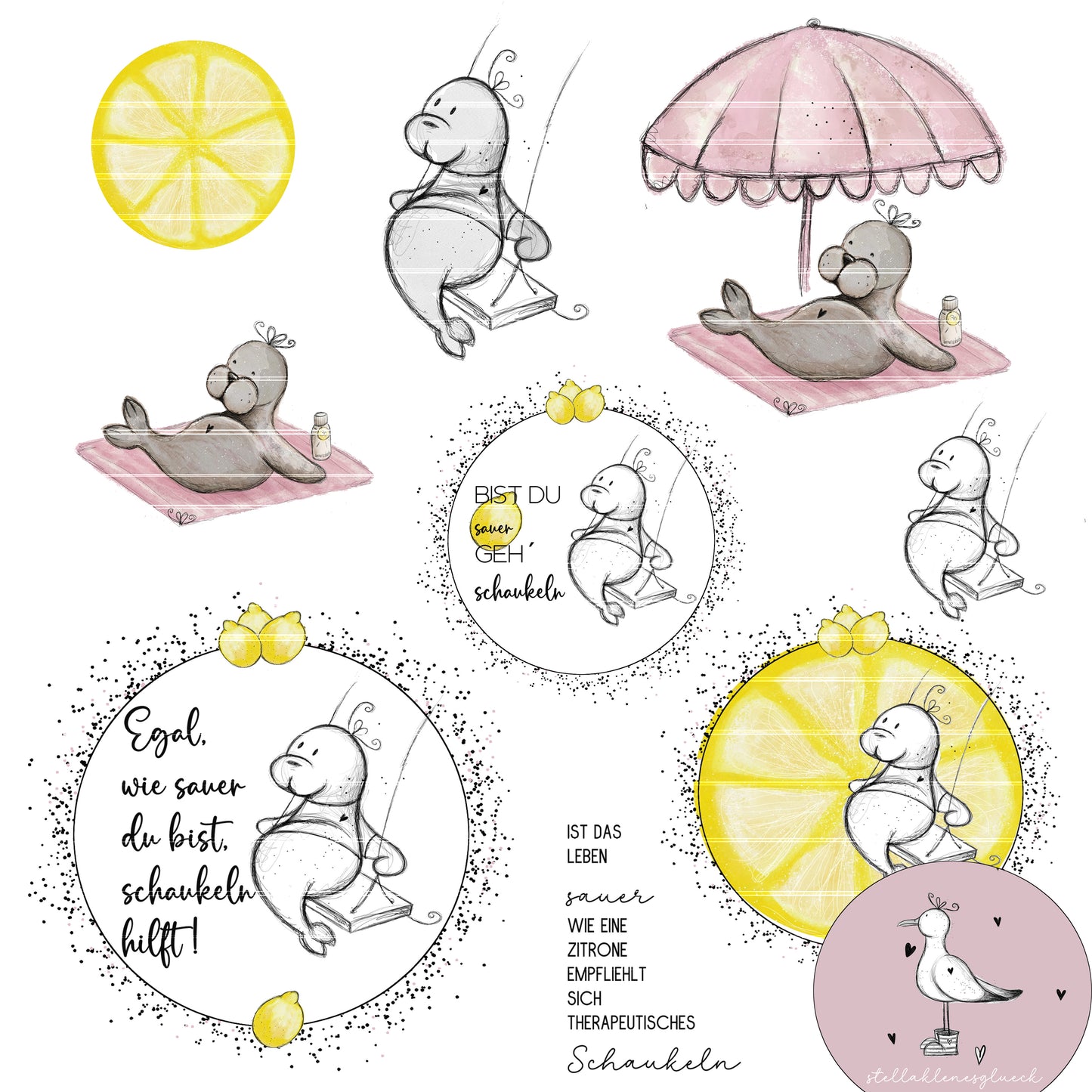 Schaukelrobbe, Sommerrobbe, Laserdatei Robben, Set, Robben. Zitrone, PNG, JPG, print and cut, sublimieren, lasern, drucken, digitale Datei, nicht nur für den Sommer