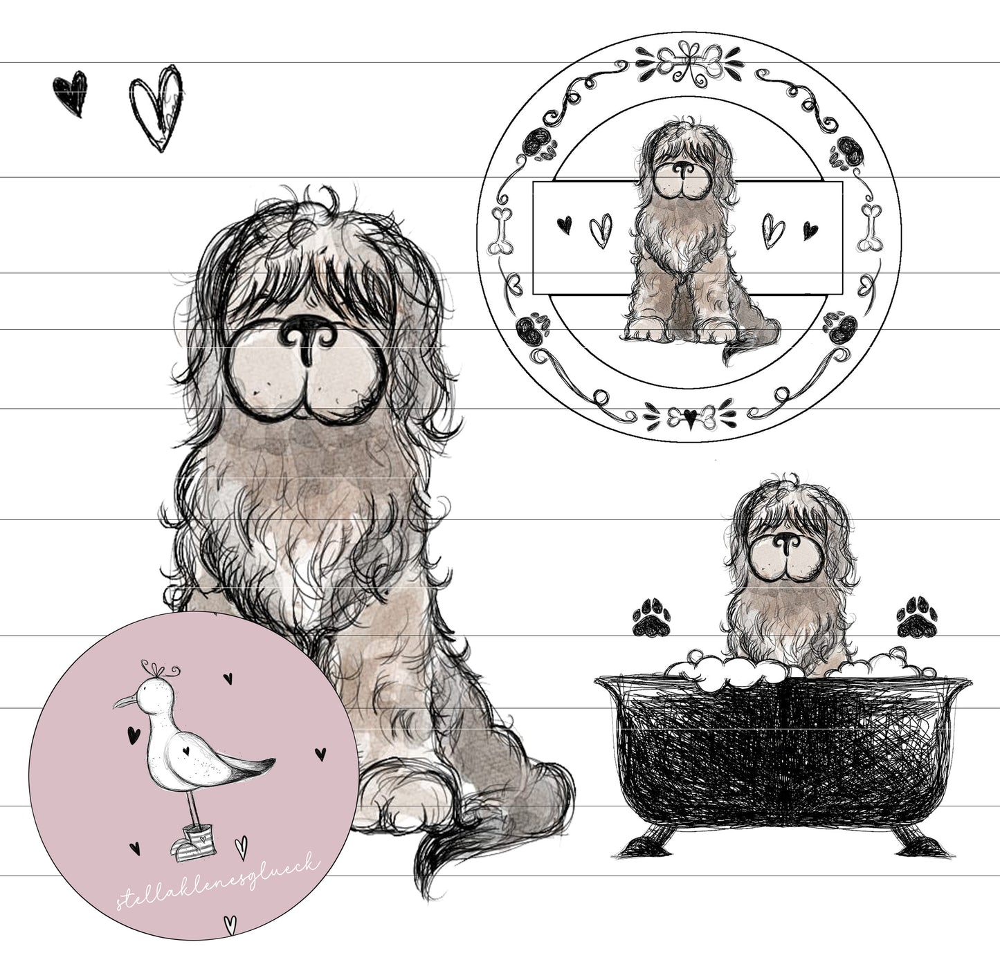 Großer, zotteliger Hund, Zottelhund, jpg, png, lasern, sublimieren, digistamp, hundedatei, Zeichnung Hund, Illustration